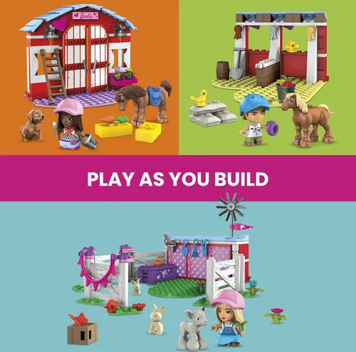 Vista 3 de MEGA Barbie Pets - Juego de construcción de caballos con 3 micromuñecas y accesorios, 9 mascotas, juego de establos de caballos fácil de construir