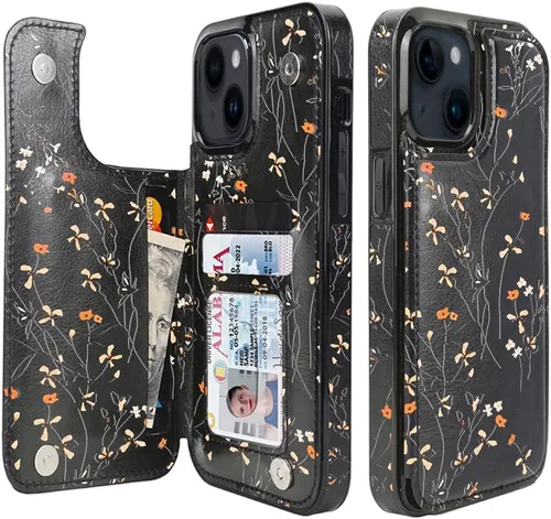 Vista 30 de uCOLOR - Funda tipo cartera para iPhone 15 con tarjetero y diseño de lunares con leche de almendra Bloqueo RFID de piel sintética para mujeres