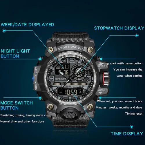 Vista 6 de WISHFAN Reloj militar para hombre, de doble pantalla, impermeable, deportivo, digital, muñeca grande, con alarma