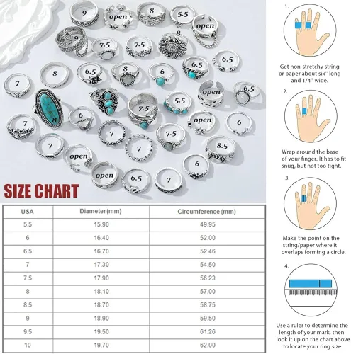Vista 6 de KISSWIFE - Juego de 36 anillos de nudillos plateados vintage para mujeres y niñas joyas occidentales anillos estéticos anillos bohemios a granel