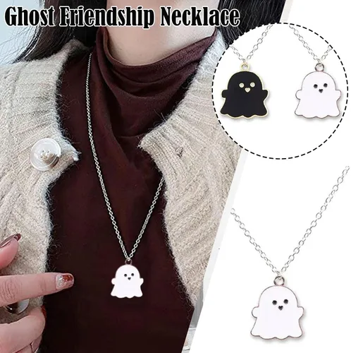 Vista 2 de 1 unidad2 collares con colgante de fantasma blanco y negro, dibujos animados, fantasma, amistad, pareja, encantador, collar de fantasma, colgante