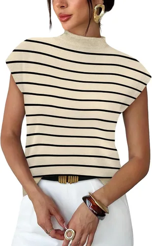 Vista 26 de Sampeel Suéter de manga corta para mujer, cuello alto, para verano, elegante, informal, básico, de punto