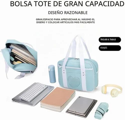 Vista 5 de Bolso japonés con ventana en forma de corazón versátil como bolso de hombro para computadora portátil Azul