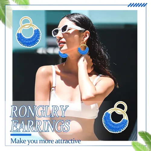 Vista 6 de Ronglry Aretes bohemios de ratán de rafia para mujeres y niñas, ligeros, hechos a mano, de mimbre trenzado, grandes, divertidos, modernos, regalos