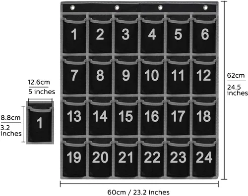 Vista 3 de Eamay 24 organizadores de bolsillo numerados para el aula para teléfonos celulares y calculadoras, soporte de montaje en pared o puerta, organizador