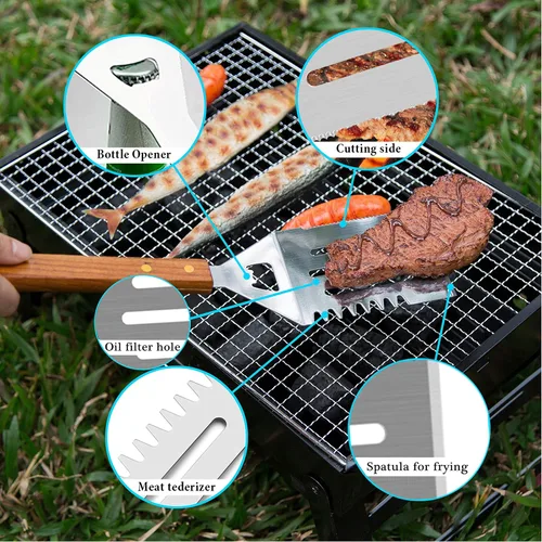 Vista 4 de IMAGE Accesorios de barbacoa de madera, herramientas de barbacoa de acero inoxidable, juego de utensilios de parrilla para parrilla al aire libre