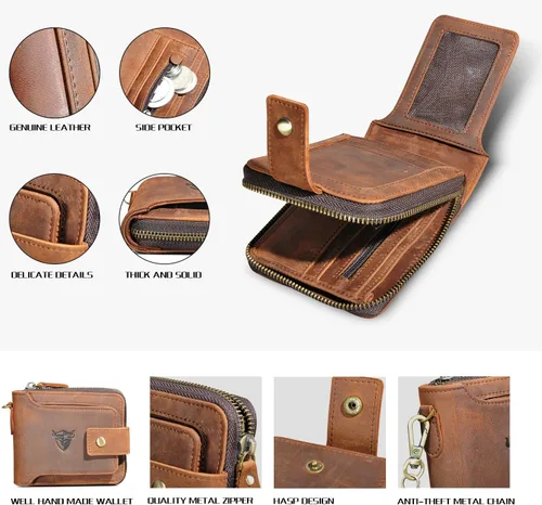 Vista 4 de Handadsume Genuino caballo loco cuero viaje regalo moneda bolsillo tarjeta caso largo organizador cadena Rfid monedero con broche para hombres