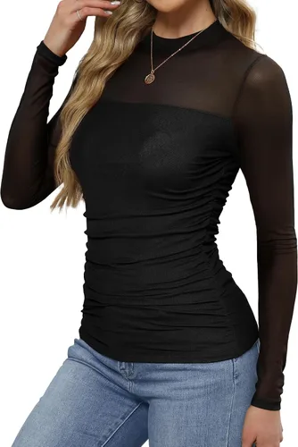 Vista 5 de Camisas de manga larga de malla sexy para mujer, ropa de moda, cuello de tortuga, drapeada, para salir, trajes de otoño, blusas ajustadas Negro