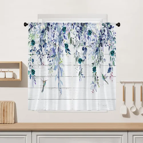Vista 13 de Cortina de eucalipto negro y gris, cenefa para tratamiento de ventana, estilo bohemio, rústico, floral, bolsillo para barra, cortinas de ventana
