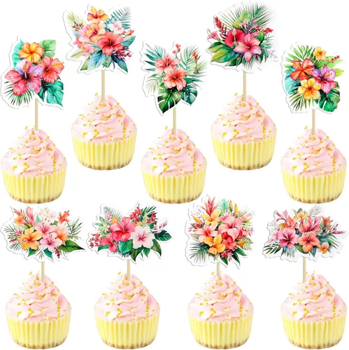 Vista 12 de Gyufise 1 pieza de decoración para pastel de cumpleaños Moana con purpurina de hoja de palma, flor de moana para pastel tropical hawaiano Luau, baby