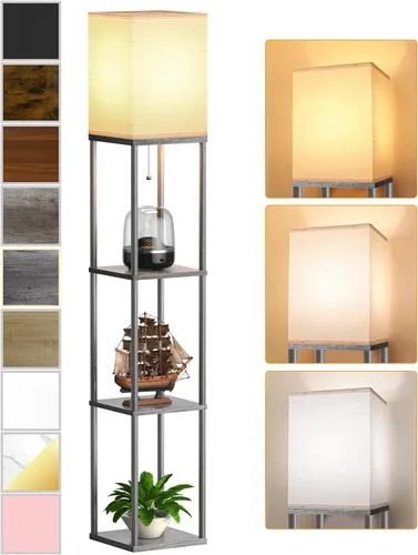 Vista 13 de Lámpara de pie con estantes para sala de estar color marrón nogal, lámpara de pie con estante con bombilla LED de 3 CCT, lámpara de columna de pie