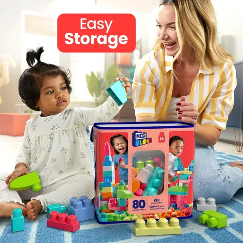 Vista 6 de MEGA BLOKS First Builders Toddler Blocks Toys Set, Big Building Bag with 80 Pieces and Storage, Red, Ages 1+ Years
