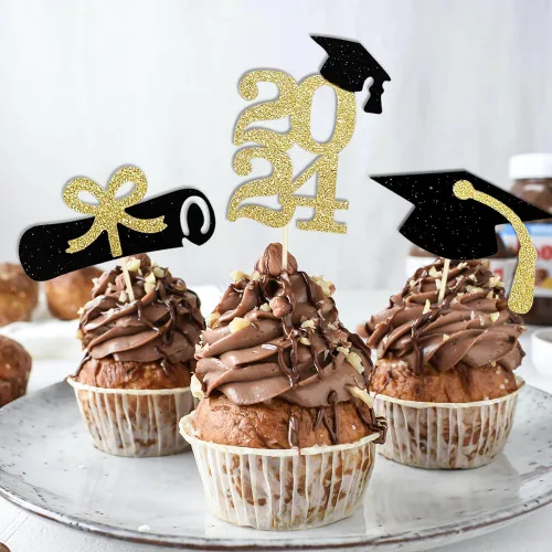 Vista 4 de Adornos para magdalenas de graduación 2023, paquete de 24 unidades con purpurina dorada clase de 2023 para decoraciones de fiesta temática
