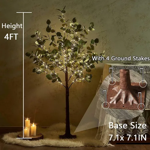 Vista 4 de Fudios Árboles iluminados para interiores de 4 pies con 160 luces LED de eucalipto artificial con luces para exteriores, planta falsa