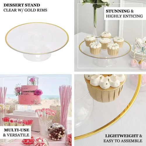 Vista 4 de Efavormart - Paquete de 2 elevadores de plástico transparente de 12 pulgadas con borde dorado para cupcakes y postres, soporte desechable para tartas