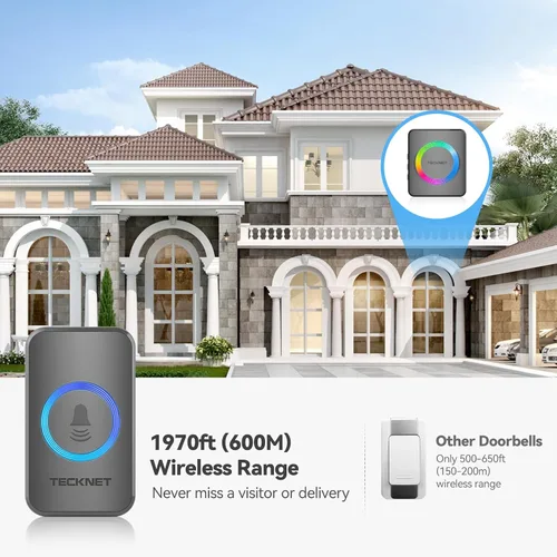 Vista 4 de TECKNET Timbre inalámbrico para el hogar, IP65 impermeable, 1,970 pies, 120 dB, timbre de puerta inalámbrico para aula con 60 campanas y 5 niveles