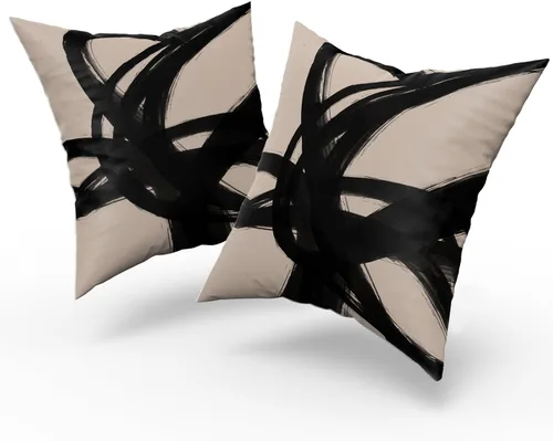 Vista 8 de Juego de 2 fundas de almohada de línea de arte abstracto negro y marrón de 16 x 16 pulgadas, juego de 2 fundas de almohada decorativas con estampado