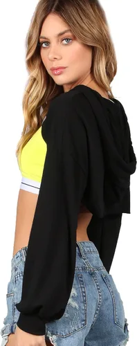 Vista 4 de SweatyRocks - Suéter corto con capucha para mujer, de manga larga, color negro