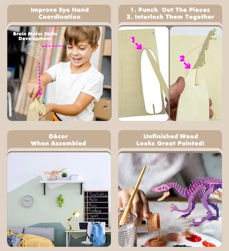 Vista 3 de Puzzled Rompecabezas 3D Velociraptor Dinosaurio Madera Kit de Construcción Divertido Único y Educativo DIY Juguete de Dino de Madera Montar
