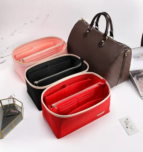 Vista 9 de KESOIL Inserto organizador de bolso para bolsos, Fit Speedy 30 Neverfull Felt Tote Insert con Base Shaper Zipper Bag en bolsa (rosa fieltro, grande)
