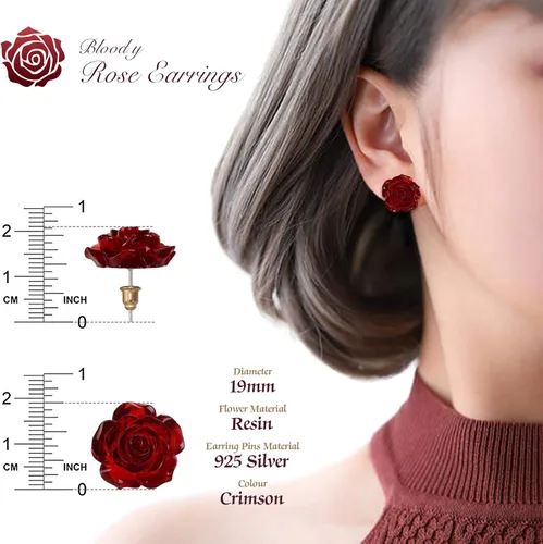 Vista 7 de Aretes de plata de ley 925 con diseño de flor de rosa, rosa roja tallada en flor bonita, aretes colgantes de rosa pequeña de resina para mujeres