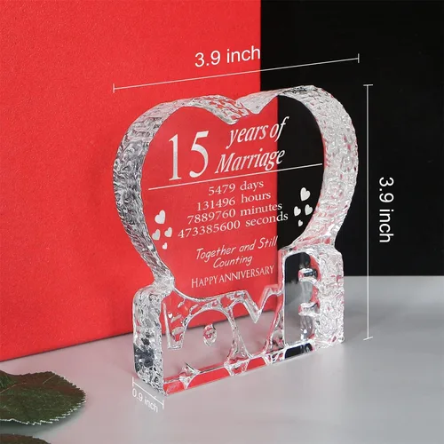 Vista 6 de KWOOD Cristal grabado personalizado en forma de corazón, regalo de boda de 15 aniversario para parejas, esposa, novia, marido, novio (15 aniversario)