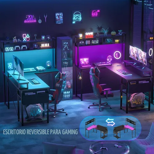 Vista 7 de Besiost Escritorio pequeño en forma de L para juegos con tomas de corriente, escritorio reversible en forma de L de 48" con LED para computadora