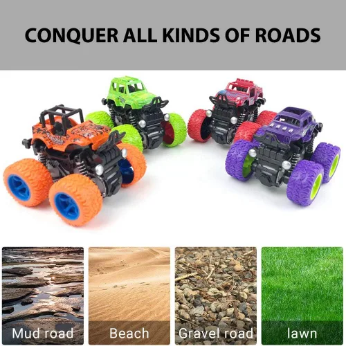 Vista 12 de Monster Trucks para niños, paquete de 4 vehículos de tracción para niños pequeños, rotación de 360°, 4 ruedas, autos de fricción duraderos, juguetes