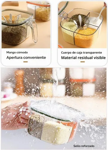 Vista 3 de Caja de condimentos transparente, 4 compartimentos sellados con tapa, tarros de condimentos con tapa y cucharas de servir, tarros de condimentos