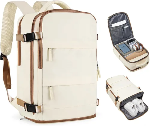 Vista 85 de Mochila de viaje grande, bolsa de mano, aprobada para aviones, para artículos personales, para hombre o mujer, color beige con marrón