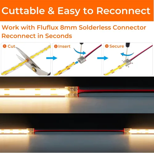 Vista 5 de Luces de Tira LED COB Candlelight de 2400K, 3W/pie, 16.4 pies, 24V, cinta LED con respaldo VHB 3M, CRI 95, certificación UL, cortable, regulable