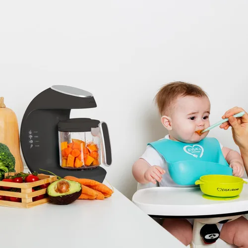 Vista 4 de Taza y cuchilla de repuesto con cesta de vapor para máquina de alimentos EVLA'S Baby - Gris oscuro