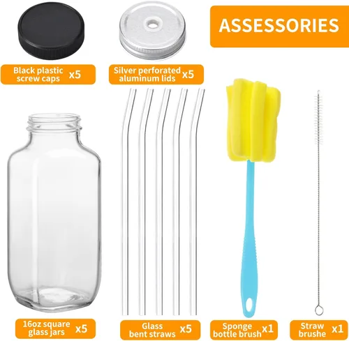 Vista 3 de CUCUMI 5 botellas de jugo de vidrio de 16 onzas con tapas, recipientes reutilizables para jugo, tarros de agua con cepillo, popotes de vidrio, tapas