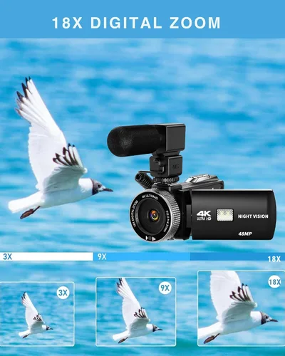 Vista 3 de Videocámara 4K 48MP con visión nocturna IR, cámara de vlogging con pantalla táctil abatible de 3.0 pulgadas para YouTube, zoom digital 18X, 2