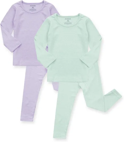 Vista 18 de AVAUMA Conjunto de pijama para bebés, niños y niñas, ajuste ceñido, con nervaduras, ropa de dormir para el estilo de vida diario Negro/Azul