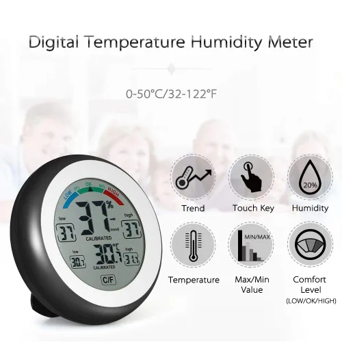 Vista 3 de Higrómetro de termómetro para interiores y exteriores,Medidor electrónico inalámbrico de humedad de temperatura,Pantalla táctil redonda Termómetro