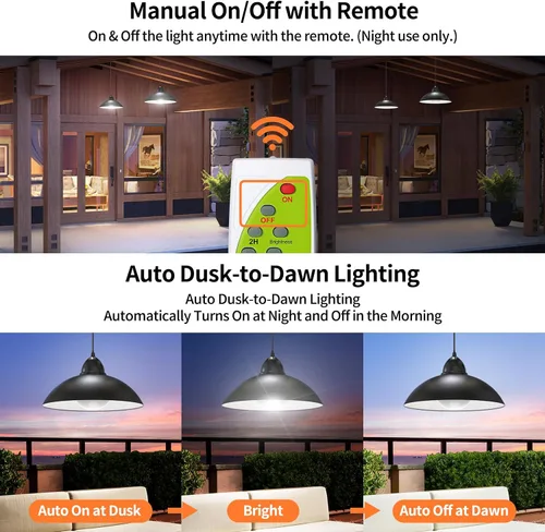 Vista 5 de Luz colgante solar de doble cabezal Lightonight Indoor Outdoor, Remote IP65 Waterproof Dusk to Dawn Solar Shed Lamp for Gazebo, Barn, Stables