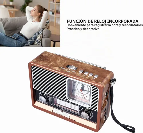 Vista 4 de Radio vintage multifuncional AM FM SW banda reloj linterna retroaltavoz con linterna LED, función de reloj, aspecto vintage para el hogar viajes