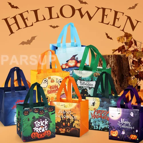 Vista 4 de PARSUP 8 bolsas de Halloween, bolsas de mano con asas, bolsas de regalo de bronce metálico, bolsas de regalo no tejidas para dulce o truco