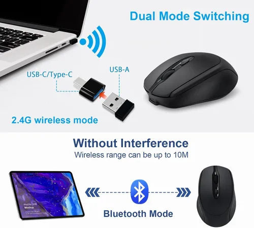 Vista 2 de Ratón inalámbrico recargable Bluetooth silencioso para portátil, iPad, MacBook, PC, Surface Pro, Lenovo, tableta Samsung, diseño ergonómico (negro)