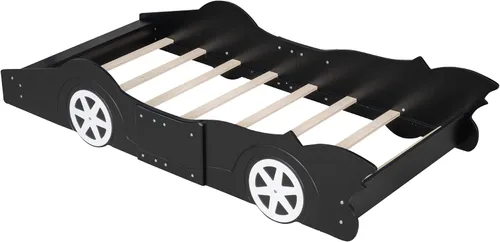 Vista 4 de anwickjeff Cama de plataforma en forma de auto de carreras con ruedas, cama de plataforma de madera tamaño individual con barandilla, cama