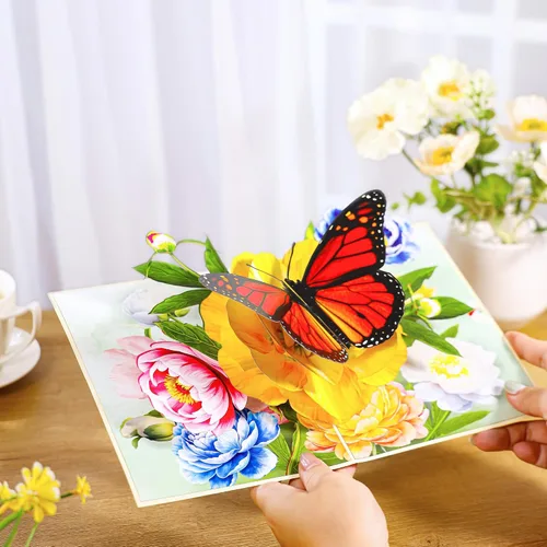 Vista 2 de Tarjeta de flores desplegables, tarjeta de felicitación, tarjeta desplegable 3D de mariposa y peonía rosa de 6 x 8 pulgadas, para el día