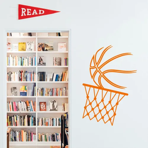 Vista 2 de Calcomanía de vinilo para pared, pelota de baloncesto y aro, 21 x 14 pulgadas, diseño positivo y divertido para el hogar, habitación de los niños