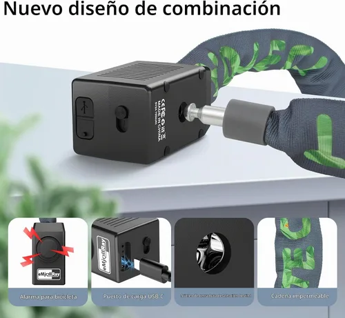 Vista 4 de Candado de cadena para bicicleta con alarma E Scooter Lock alarma antirrobo 110dB 4ft seguridad resistente con cable USB C y 3 llaves para Verde