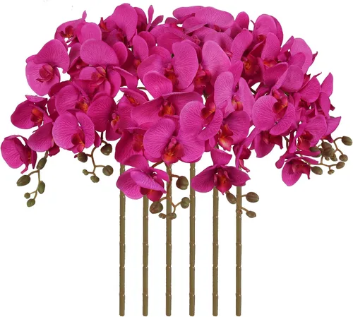 Vista 27 de Orquídeas artificiales de 38 pulgadas, 6 unidades, orquídeas falsas rosas, orquídeas de seda de terciopelo, flores artificiales de tallo largo
