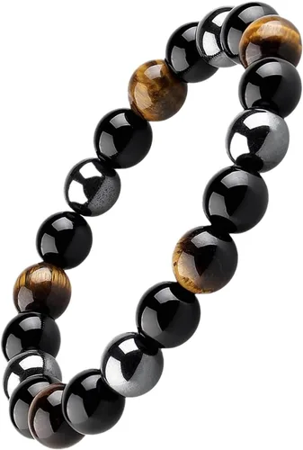 Vista 17 de HOZEAL Pulsera de triple protección, brazalete de obsidiana negra con ojo de tigre y hematita para hombres y mujeres, para traer suerte