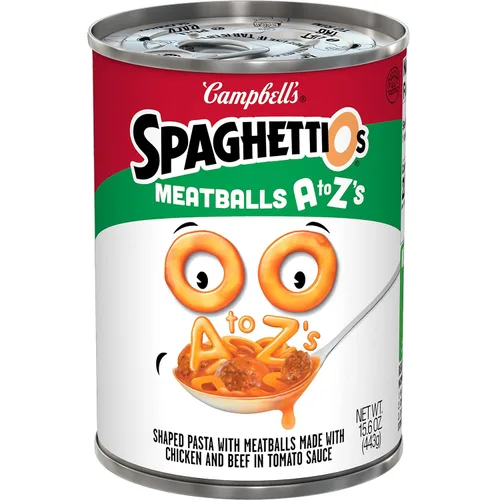 Vista 11 de SpaghettiOs Pasta enlatada con albóndigas A to Z's, lata de 15.6 onzas
