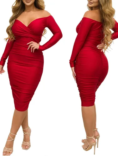 Vista 3 de Vestido midi sexy de mujer con cuello en V profundo, hombros descubiertos, fruncido, ajustado al cuerpo y manga larga para fiestas nocturnas
