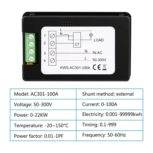 Vista 5 de Voltímetro de CA Amperímetro 50-300V 0-100A Multímetro digital 110V 220V Pantalla LCD HD Voltímetro de corriente con transformador de corriente