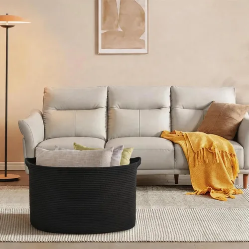 Vista 4 de MEGASKET Cesta extra grande para mantas, 23.6 x 17 x 12 pulgadas, almacenamiento de manta negra para sala de estar, soporte de almohada de cuerda